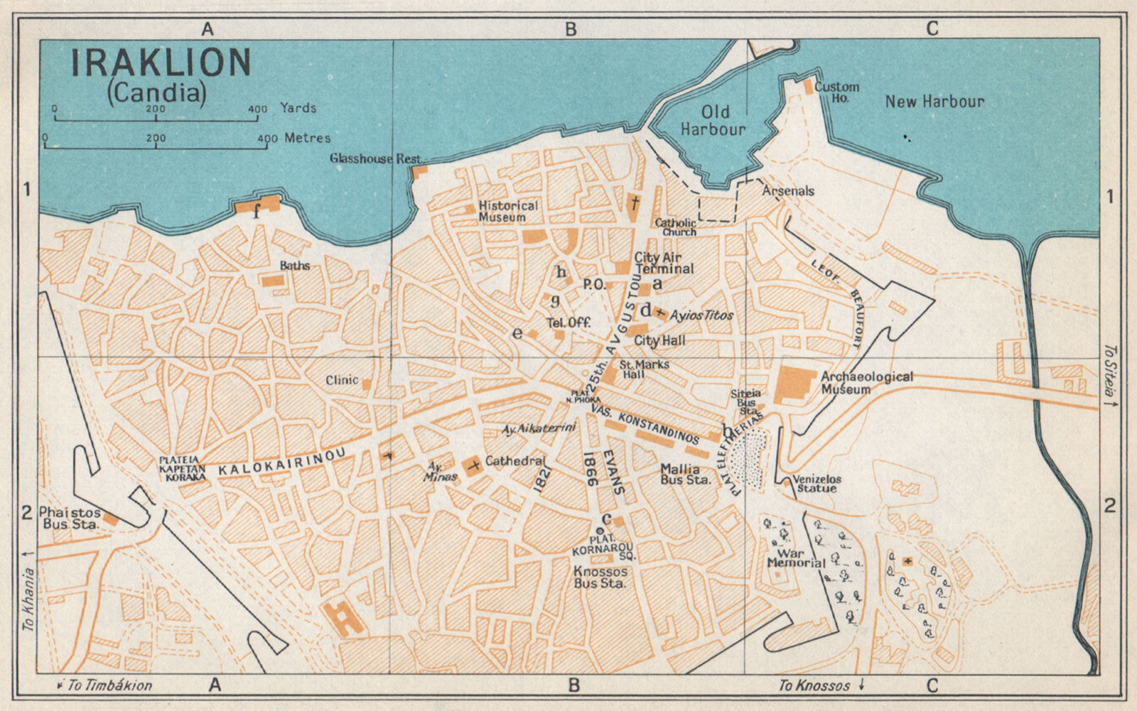 HERAKLION vintage town city map plan. Candia/Crete. Heraclion Iraklion 1967